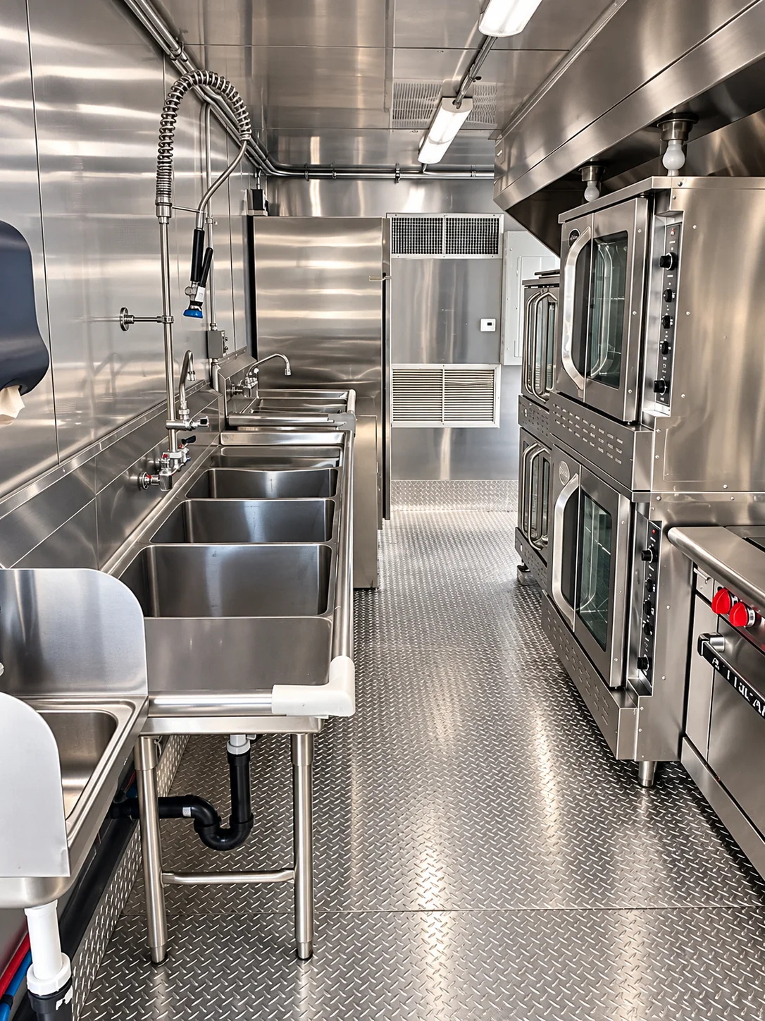 Kitchen working aisle with wash sinks and ovens