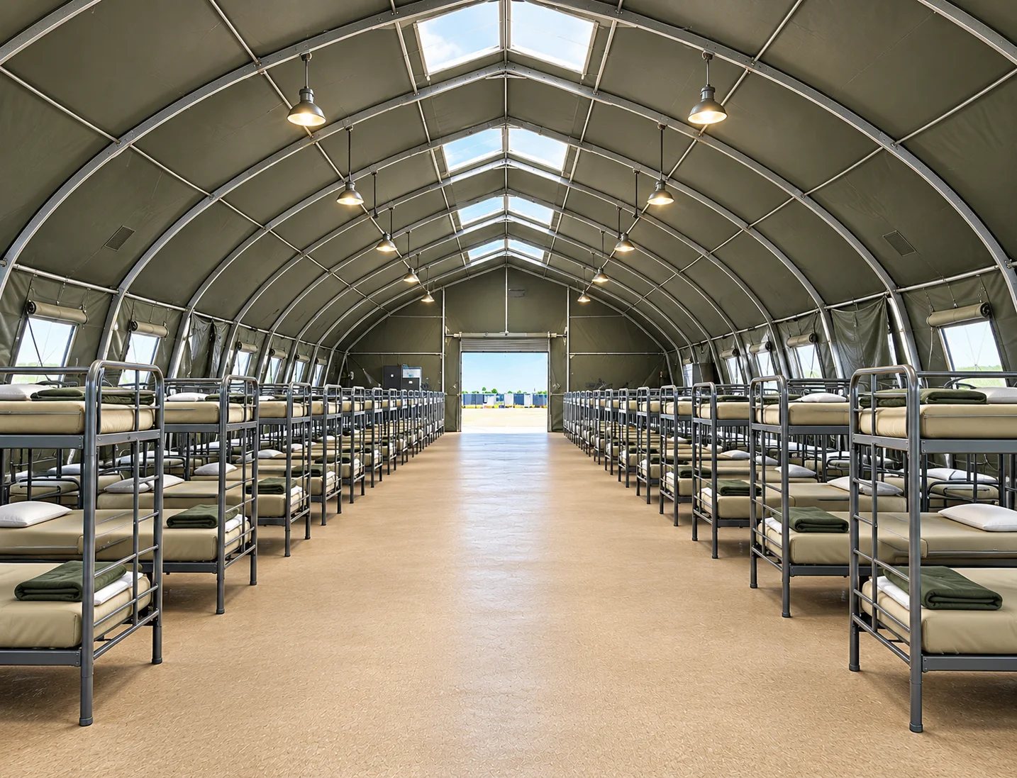 Temporary sleeping hall with rows of bunk beds